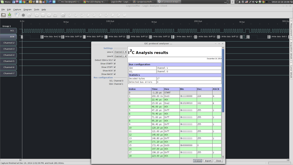 The sniffed I2C communication
